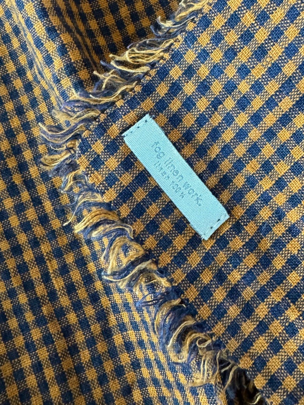 FOG LINEN WORK, TUZ LINEN SCARF IN GREAT ORANGE AND NAVY BLUE, GINGHAM CHECK